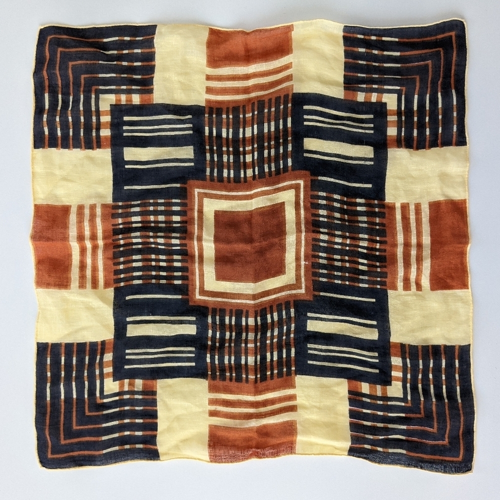1940s 1950s Midcentury Pocket Square Handkerchief ~ navy umber plaid